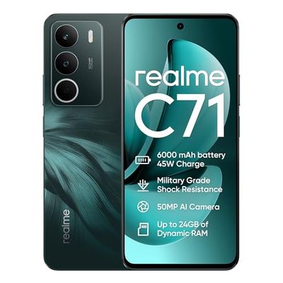 realme C71 Smartphone 5G,6+128GB,Batteria 6000 mAh,Ricarica rapida 45 W,Fotocamera AI da 50MP,Display 120 Hz,Resistenza agli urti di grado militare,Impermeabilità quotidiana,Green(Senza Adattatore)