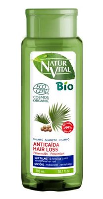 NaturVital - Champô bio antiqueda, certificado Cosmos Organic 99% ingredientes naturais, Saw palmetto, gininseng e aloé vera de cultivo bio certificado, sem para-brincos, corantes ou silicone, 300 ml