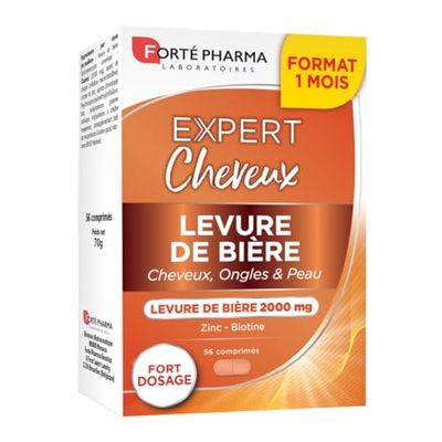 Forté Pharma - Expert Levure de Bière | Levure de Bière 2 000 mg - Zinc - Biotine Cheveux | Complément Alimentaire Beauté des Cheveux, Peau et Ongles | 56 comprimés = 1 mois