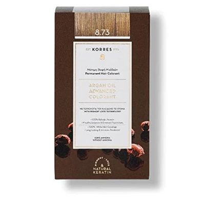 KORRES Argan Oil Colorant - Amonia-Free Hair Colour Golden Caramel 8.73-100% Grey Hair Coverage & Vegan for a Long-Lasting Colour Result