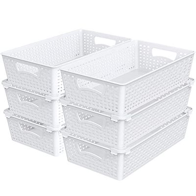 Simple Houseware Set van 6 stapelbare opbergmanden van kunststof voor voorraadkast, wit