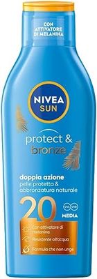 NIVEA SUN Latte Solare Protect & Bronze FP 20 200 ml, Crema solare 20 per un'abbronzatura dorata, intensa e uniforme, Protezione solare 20 con attivatore di melanina
