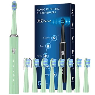 Brosses à Dents Electriques Soniques Adultes avec 8 Tête - Brosse Electrique pour Adultes et Enfants, 5 Modes et IPX7, Brosses à Dents Electriques Ultrasons pour Famille Voyage, Menthe Verte