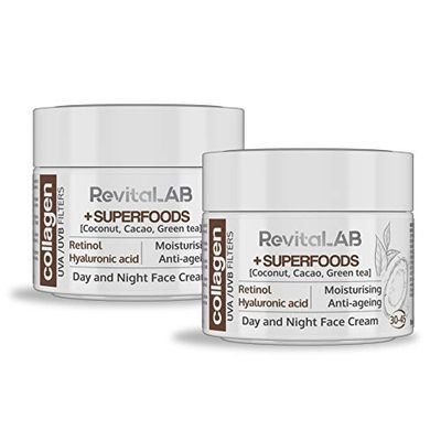 RevitaLAB Anti-Ageing fuktighetskräm dag och natt med kollagen, berikad med hyaluronsyra, superfoods, vitaminer och ett UVA-/UVB-filter, för ålder mellan 30 till 45, 2 x 50 ml