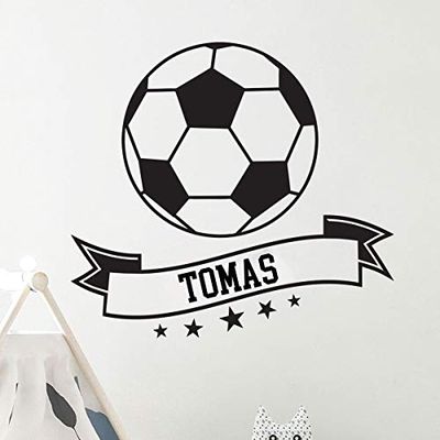 Autocolante com nome personalizado, design de bola de futebol, decoração de parede para quarto infantil, 2 folhas de 50 x 55 cm e 60 x 25 cm, cor preta