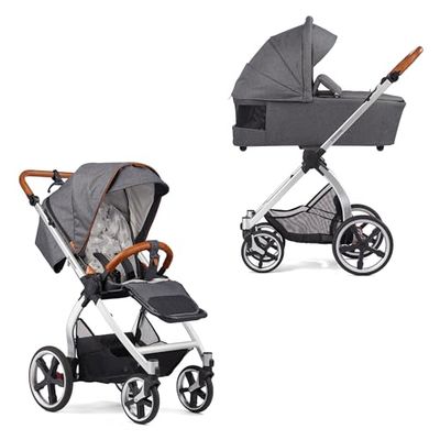 Gesslein Barnvagn FX4 Swing med babybadkar Panorama Lyx (barnvagn 3-i-1, ligg- och sittalternativ, sportbilfäste, individuellt justerbar, hög komfort, låg förpackningsstorlek, handbroms), grå