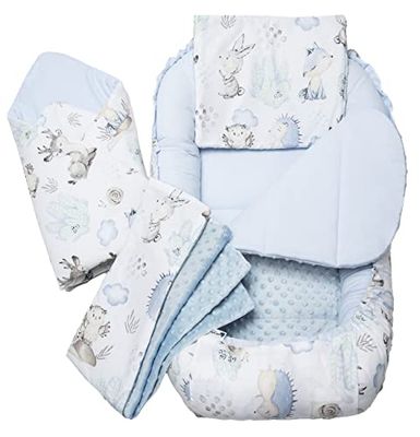 Medi Partners 5-delige Babynest Set 100x60x15 Uitneembaar inzetstuk Bed Knuffel Nestje Baby deken Pasgeboren 100% katoen (Hert en Egel met lichtblauwe Minky)