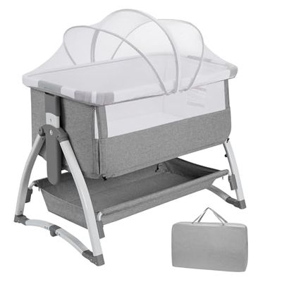 Bijzetbed voor baby's, 4-in-1, wieg, babybed met zacht matras, reistas, muggennet, draagbaar babybed met 7 verstelbare hoogtes voor pasgeborenen tot 6 maanden, grijs