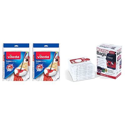 Vileda Turbo 2-In-1 Microfibre Mop Head Replacement Clean Turbo Spin Mops, Pack of 2 Refills, Red, 16.5 x 30 x 22 cm & Henry NVM-1CH/907075 HepaFlo Vacuum Bags, Pack of 10