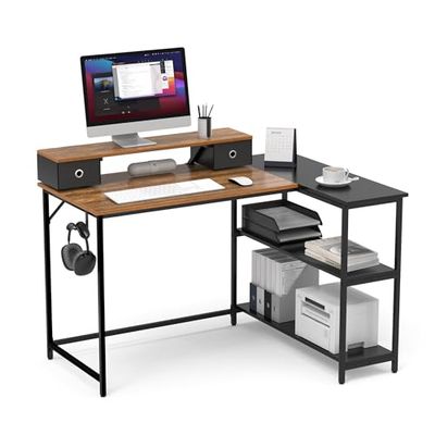 Mondeer Escritorio en Forma de L de 120 cm, Escritorio esquinero con estantes de Almacenamiento Reversibles, Soporte extraíble para Monitor con 2 cajones, Estilo Industrial para Oficina en casa,