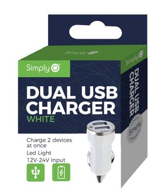 Simply ICDC02 Dual USB 1amp & 2.1amp Car Charger with LED Light Indicators for Apple Android and Other USB Devices, White