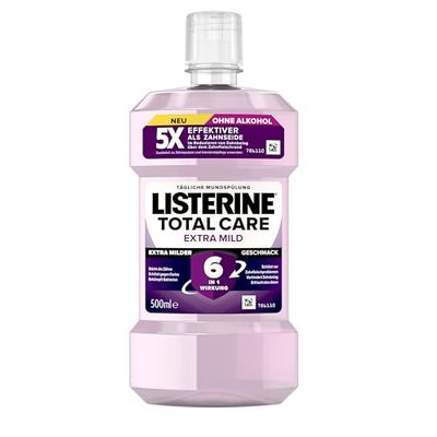 LISTERINE Total Extra Mild (500 ml), collutorio protettivo senza alcool contro la carie con effetto 6 in 1, il collutorio antibatterico protegge dai problemi gengivali, fino a 24 ore di alito fresco