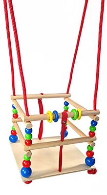 Hess Dondolo in legno con pioli, perline colorate e anelli fatti a mano, per bambini dai 12 mesi su, un divertimento indisturbato casa, giardino terrazza