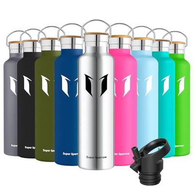 Super Sparrow Botella Agua Acero Inoxidable - Botella Agua Niños - 1L - Botella Termica Boca Estándar - Sin BPA, para Niños & Adultos, Deporte, Oficina, Yoga, Ciclismo
