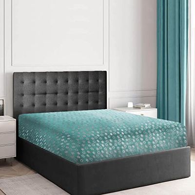 GC GAVENO CAVAILIA Teddy Fleece Star Foil Duvet Set, Super Soft Fluffy Cosy Warm Shiny Bedding & Bedsheet, 2 Piece Easy Care DuvetCover & Deep Elastic Band Bedlinen, Aqua, Double Fitted Sheet