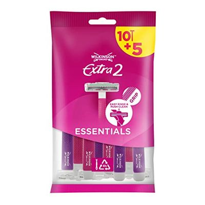 Wilkinson Sword Extra 2 Beauty - Pack de 15 Maquinillas Desechables Depilatorias Femeninas de 2 Hojas con Mango Antideslizante y Bandas Lubricantes de Aloe. Mecanismo Fácil de Limpieza y Aclarado