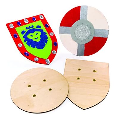 Baker Ross Escudos de Madera (paquete de 2), perfecto para que los niños decoren, ideal para manualidades en el hogar, trabajo escolar, proyectos de grupos de manualidades y más