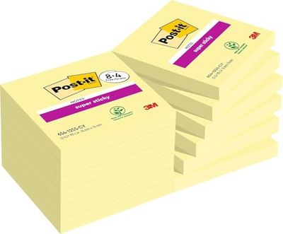 Post-it Super Sticky Notes Canary Yellow, Pack of 8 Pads + 4 Free, 90 Sheets per Pad, 76 mm x 76 mm, Yellow Color - Extra Sticky Notes for Note Taking, to Do Lists & Reminders