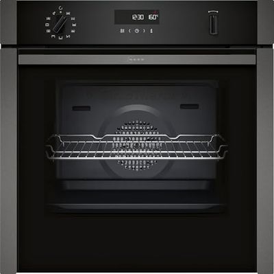NEFF, N50, B6ACH7AG7B, 60cm Built-in Single Oven with Hide®, Home Connect, Pyrolytic Self-Cleaning with Easy Clean, CircoTherm, and LCD display in Graphite-Grey