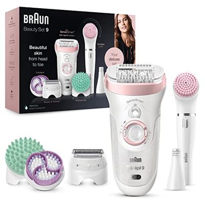 Braun Silk-Épil Beauty Set 9 Deluxe Épilateur Électrique Femme, Blanc/Rose, 9-En-1 Sans Fil Technologie Wet & Dry - Exfoliation Et Nettoyage Pour Visage Et Corps, 9-995