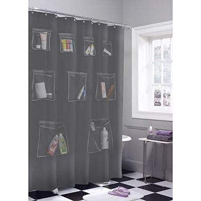 MAYTEX Zenna Home Tenda da doccia impermeabile in PEVA o fodera per doccia con 9 tasche in rete, 178 x 183 cm, organizer da bagno, grigio