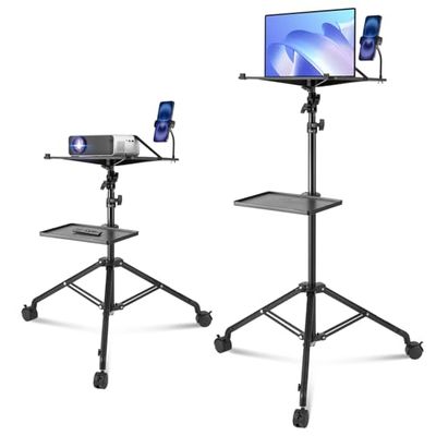 VEVOR Laptopprojectorstandaard met verstelbare wieltjes, hoogte 795-1710 mm, statiefhouder voor projector, telefoon met 2 planken met zwanenhals, voor buitenfilms, thuis, kantoor of studio