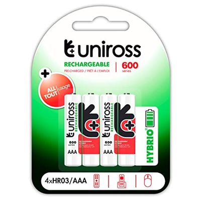 Uniross Batterie Ricaricabili Hybrio AAA HR03 NI-MH Serie 600 1,2V 550mAh Lunga Durata Pre-Caricate Senza Mercurio e Cadmio - Blister da 4 Batterie