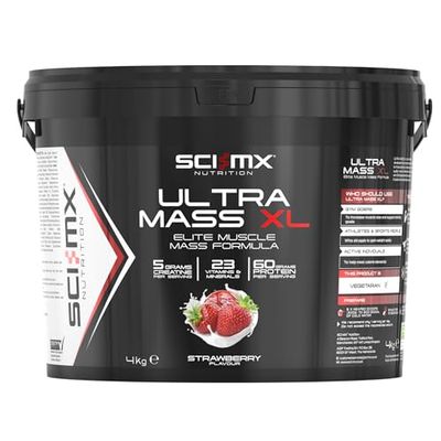 SCI-MX Ultra Mass XL Super-Premium Hardcore Mass & Weight Gaining Formula With A Full Spectrum Of BCAA, Vitamins and Minerals 4KG - Strawberry Flavour - 13 Servings