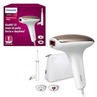 Philips Dispositivo di depilazione IPL Lumea serie 7000 - dispositivo di depilazione con rifinitore di correzione compatto satinato, 2 accessori per corpo e viso (modello BRI921/00)