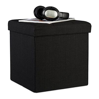 Relaxdays Tabouret Pliant en Lin Pouf de Rangement Pliable Repose-Pieds de Stockage carré 38 x 38 x 38 cm, Noir