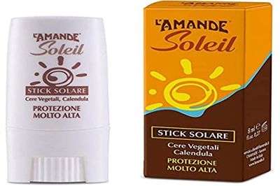 L'AMANDE - Soleil Crema Solare Viso 50+ Stick con Vitamina C, per Labbra, Tatuaggi, Nei, Vitiligine alla Camomilla, Idratante Viso contro le Scottature - 9 ml