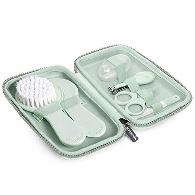 Suavinex, Baby Care Kit Complete and Portable Baby Manicure Set Contains: Brush and Comb + Finger Toothbrush + Scissors + File + Nail Clipper, 6 Pieces, soft blue