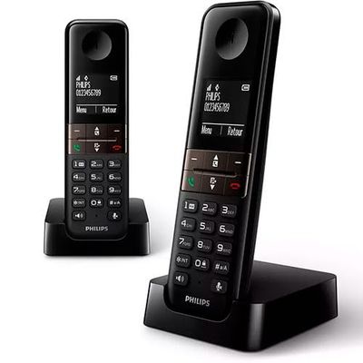 VoltShine Téléphone sans Fil Duo Noir avec écran LCD, Identification des appels et Haut-parleurs ; idéal pour Usage Domestique et Bureau.