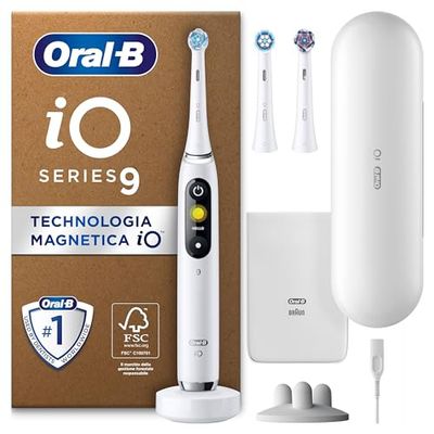 Oral-B Spazzolino Elettrico Ricaricabile iO 9 Bianco, 3 Testine Di Ricambio, 1 Custodia Da Viaggio con Caricatore. 1 Spazzolino
