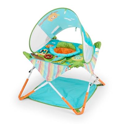 Bright Starts Pop 'N Jump bärbar aktivitetströja, inomhus/utomhusbruk, uggla skog med 4 sensoriska leksaker, åldrarna 6-12 månader