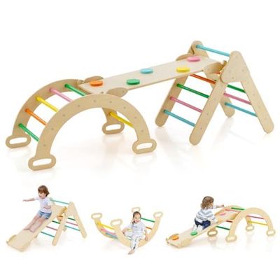 FANTASK - Struttura da arrampicata 4 in 1 con scivolo, triangolo da arrampicata in legno, con rampa bifacciale, arco da arrampicata e altalene, parco giochi per bambini a partire da 1 anno