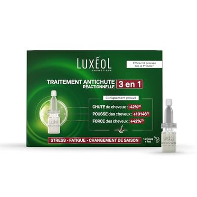 LUXÉOL - Chute De Cheveux Réactionnelle 2 En 1 - Favorise La Croissance & Diminue La Chute Des Cheveux - Stress & Fatigue - Kératine - Programme Cheveux 1 Mois - 14 Fioles De 7ml