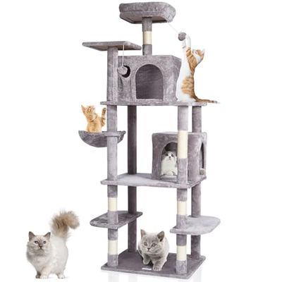 VEVOR Árbol para Gatos 174cm Torre de Escalada para Gatos con Rascador de Sisal 2 Casetas Hamaca Percha Superior Plataformas de Salto Bolas Colgantes para Actividad en Interior, Gris Claro