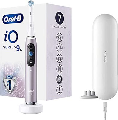 Oral-B iO 9s Go Electric - Cepillo de dientes eléctrico con inteligencia artificial, sensor de cepillado, 1 cabezal, funda de viaje, batería de litio, idea de regalo, color rosa