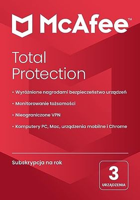 McAfee Total Protection 2024 | 3 urządzenia | Oprogramowanie antywirusowe zapewniające bezpieczeństwo w sieci | Zawiera VPN, menedżera haseł | PC/Mac/Android/iOS | Roczna subskrypcja | Dostawa pocztą
