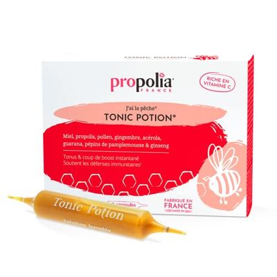 PROPOLIA - Tonic Potion - Complément alimentaire Tonus & Immunité - Boost d'énergie - Miel, Propolis, Pollen, Gingembre, Acérola, Guarana, Ginseng - Fabriqué en France - 10 Ampoules