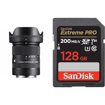 Sigma Objectif 18-50MM F2.8 DC DN pour Sony & SanDisk 128 Go Extreme Pro Carte SDXC + RescuePRO Deluxe, jusqu'à 200 Mo/s, UHS-I, Classe 10, U3, V30