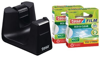 tesafilm Desk Dispenser for Adhesive Tape- Black includes 2 rolls of tesafilm Eco and Clear 33 m x 19 mm 53905-00000-01