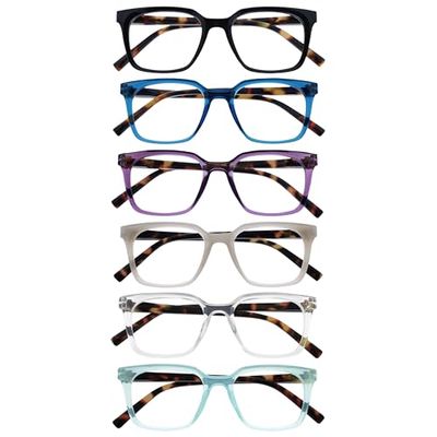 OPULIZE KOI Occhiali da Lettura, Confezione da 6 - Rettangolare - Nero-Blu-Viola-Grigio-Trasparente-Verde Acqua - Cerniere a Molla - RRRRRR50-1357CQ - +2.50
