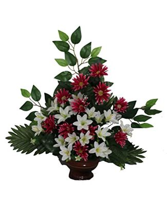 DRW Centrotavola fiori cementero Santos crisantemi rose e campanelle bianche 62 x 60 cm