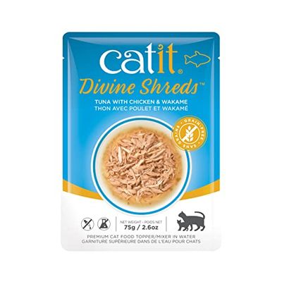 Catit Divine Shreds Cibo per gatti Premium, topping per cibo secco, con carne di pollo, tonno e wakame, 1 confezione, 75 g