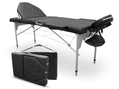 QUIRUMED Table de Massage Pliante en Aluminium Pro, 186 x 66 cm, avec Dossier Pliant, Couleur Noir, Simili Cuir, Trou pour Le Visage, Appui-tête Amovible, Hauteur réglable, 2 Sections, jusqu'à 150 kg