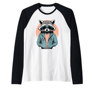 Cool raccoon with sunglasses and streetstyle jacket Raglan Baseball Tee