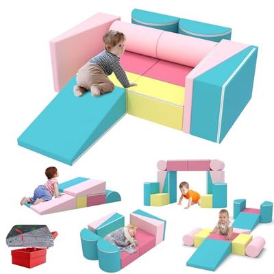 BIERUM Canapé pour Enfants, canapé de Jeu modulaire 12 pièces pour Enfants avec Couverture, canapé de Jeu pour Tout-Petits à Couleurs contrastées pour Salle de Jeux, Ensemble de Jeu Convertible en