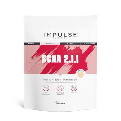 BCAA 2.1.1 Poudre poudre Pêche - Leucine, Isoleucine, Valine + Vitamine B6 - Énergie, Récupération & Endurance - Goût Sans Amertume - Complément alimentaire Musculation - IMPULSE NUTRITION